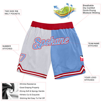 Custom White Light Blue-Red Authentic Throwback Split Fashion Basketball Shorts