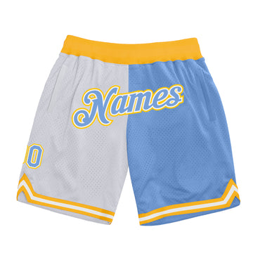 Custom White Light Blue-Gold Authentic Throwback Split Fashion Basketball Shorts