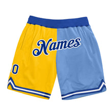 Load image into Gallery viewer, Custom Gold Royal-Light Blue Authentic Throwback Split Fashion Basketball Shorts
