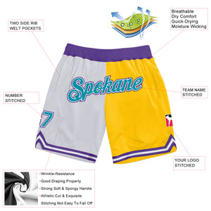 Custom White Teal-Gold Authentic Throwback Split Fashion Basketball Shorts