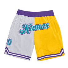 Load image into Gallery viewer, Custom White Teal-Gold Authentic Throwback Split Fashion Basketball Shorts
