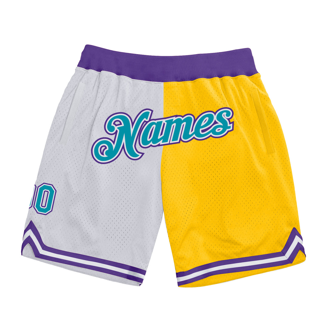 Custom White Teal-Gold Authentic Throwback Split Fashion Basketball Shorts