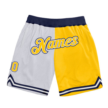 Custom White Gold-Navy Authentic Throwback Split Fashion Basketball Shorts