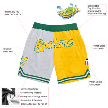 Custom White Gold-Kelly Green Authentic Throwback Split Fashion Basketball Shorts