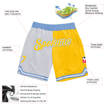 Custom White Gold-Light Blue Authentic Throwback Split Fashion Basketball Shorts