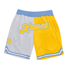 Load image into Gallery viewer, Custom White Gold-Light Blue Authentic Throwback Split Fashion Basketball Shorts
