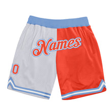 Load image into Gallery viewer, Custom White Orange-Light Blue Authentic Throwback Split Fashion Basketball Shorts
