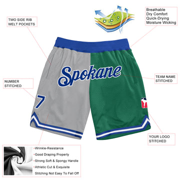 Custom Gray Royal-Kelly Green Authentic Throwback Split Fashion Basketball Shorts