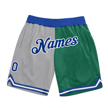 Custom Gray Royal-Kelly Green Authentic Throwback Split Fashion Basketball Shorts