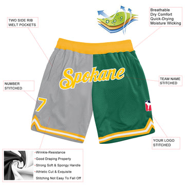 Custom Gray Gold-Kelly Green Authentic Throwback Split Fashion Basketball Shorts