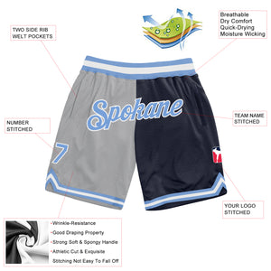 Custom Gray Light Blue-Navy Authentic Throwback Split Fashion Basketball Shorts