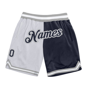 Custom White Navy-Gray Authentic Throwback Split Fashion Basketball Shorts