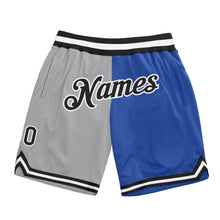 Load image into Gallery viewer, Custom Gray Black-Blue Authentic Throwback Split Fashion Basketball Shorts
