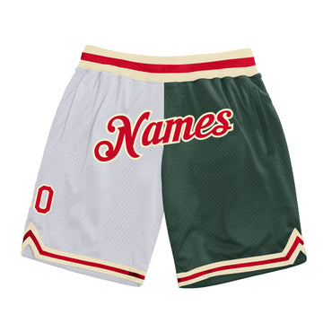 Custom White Red-Hunter Green Authentic Throwback Split Fashion Basketball Shorts