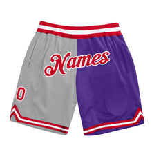 Load image into Gallery viewer, Custom Gray Red-Purple Authentic Throwback Split Fashion Basketball Shorts
