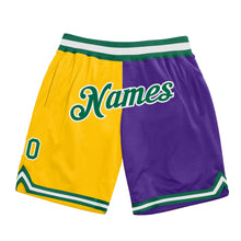 Load image into Gallery viewer, Custom Gold Kelly Green-Purple Authentic Throwback Split Fashion Basketball Shorts
