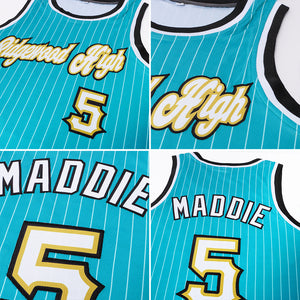Custom Teal White Pinstripe White-Old Gold Authentic Throwback Basketball Jersey