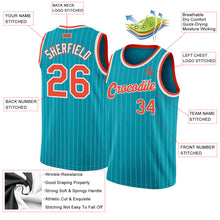 Load image into Gallery viewer, Custom Teal White Pinstripe Orange-White Authentic Basketball Jersey
