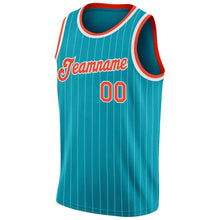 Load image into Gallery viewer, Custom Teal White Pinstripe Orange-White Authentic Basketball Jersey
