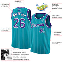 Load image into Gallery viewer, Custom Teal White Pinstripe Purple-White Authentic Basketball Jersey
