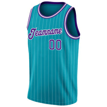 Load image into Gallery viewer, Custom Teal White Pinstripe Purple-White Authentic Basketball Jersey
