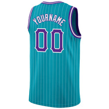 Load image into Gallery viewer, Custom Teal White Pinstripe Purple-White Authentic Basketball Jersey
