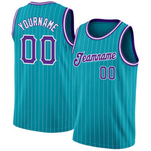 Load image into Gallery viewer, Custom Teal White Pinstripe Purple-White Authentic Basketball Jersey
