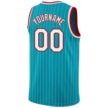 Load image into Gallery viewer, Custom Teal White Pinstripe White-Red Authentic Basketball Jersey
