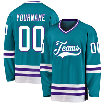 Custom Teal White-Purple Hockey Jersey