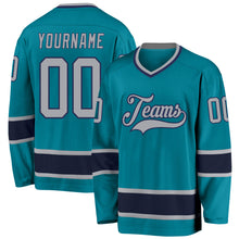 Load image into Gallery viewer, Custom Teal Gray-Navy Hockey Jersey
