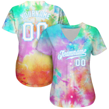 Custom Tie Dye White-Light Blue 3D Rainbow Authentic Baseball Jersey