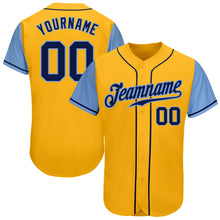 Load image into Gallery viewer, Custom Gold Navy-Light Blue Authentic Two Tone Baseball Jersey
