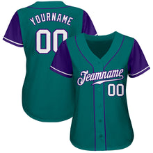 Load image into Gallery viewer, Custom Teal White-Purple Authentic Two Tone Baseball Jersey

