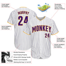 Load image into Gallery viewer, Custom White Purple Pinstripe Purple-Gold Authentic Baseball Jersey
