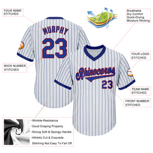 Custom White Royal Pinstripe Royal-Red Authentic Throwback Rib-Knit Baseball Jersey Shirt