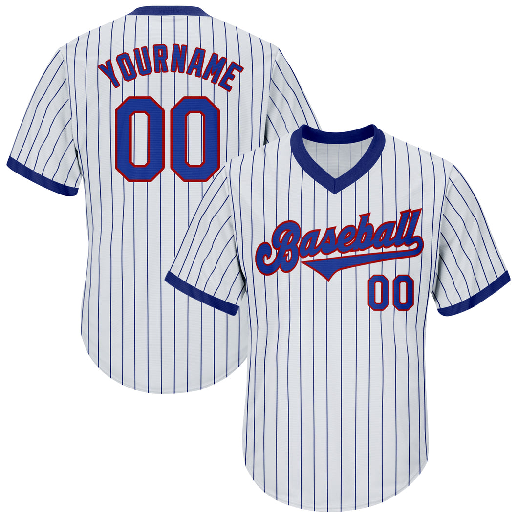 Custom White Royal Pinstripe Royal-Red Authentic Throwback Rib-Knit Baseball Jersey Shirt