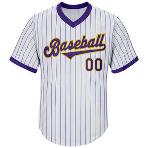 Custom White Purple Pinstripe Purple-Gold Authentic Throwback Rib-Knit Baseball Jersey Shirt