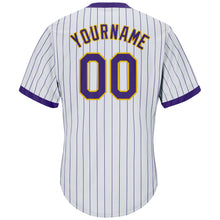 Load image into Gallery viewer, Custom White Purple Pinstripe Purple-Gold Authentic Throwback Rib-Knit Baseball Jersey Shirt
