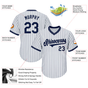 Custom White Navy Pinstripe Navy-Gray Authentic Throwback Rib-Knit Baseball Jersey Shirt