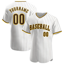 Load image into Gallery viewer, Custom White Brown Pinstripe Brown-Gold Authentic Baseball Jersey
