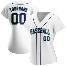Load image into Gallery viewer, Custom White Navy-Teal Authentic Baseball Jersey
