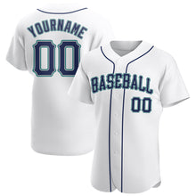 Load image into Gallery viewer, Custom White Navy-Teal Authentic Baseball Jersey
