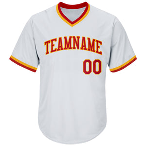 Custom White Red-Gold Authentic Throwback Rib-Knit Baseball Jersey Shirt