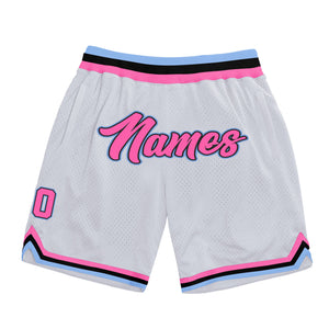 Custom White Pink-Light Blue Authentic Throwback Basketball Shorts