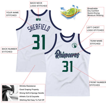 Custom White Hunter Green-Navy Authentic Throwback Basketball Jersey