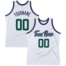 Load image into Gallery viewer, Custom White Hunter Green-Navy Authentic Throwback Basketball Jersey
