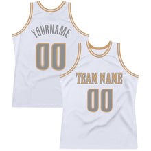 Load image into Gallery viewer, Custom White Steel Gray-Old Gold Authentic Throwback Basketball Jersey
