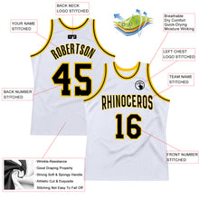 Load image into Gallery viewer, Custom White Black-Gold Authentic Throwback Basketball Jersey
