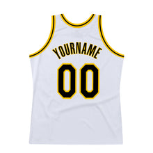 Load image into Gallery viewer, Custom White Black-Gold Authentic Throwback Basketball Jersey
