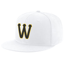 Load image into Gallery viewer, Custom White Black-Gold Stitched Adjustable Snapback Hat
